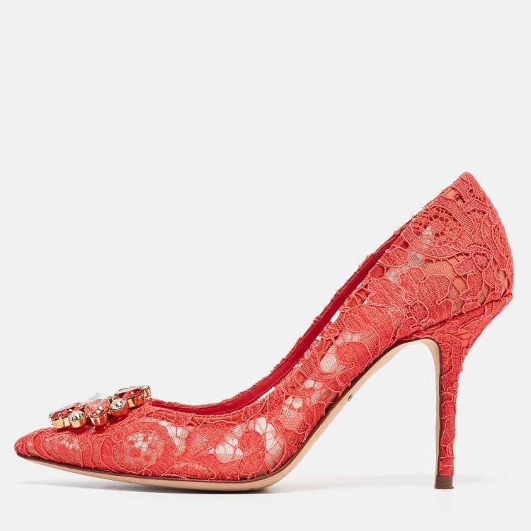 Pre Owned Dolce & Gabbana Coral Pink Lace Bellucci Pumps Size 40