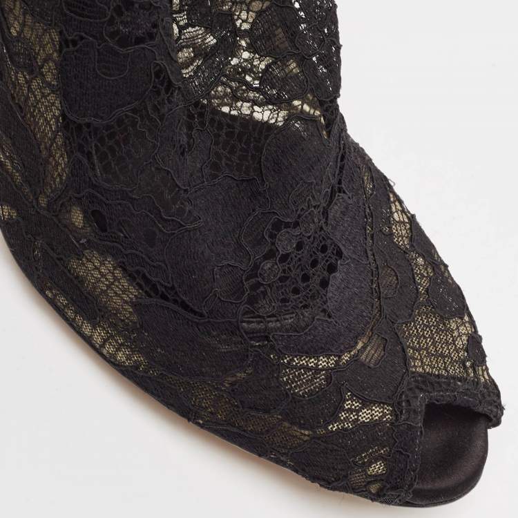 Pre Owned Dolce & Gabbana Black Stretch Lace Open Toe Ankle Booties Size 39.5