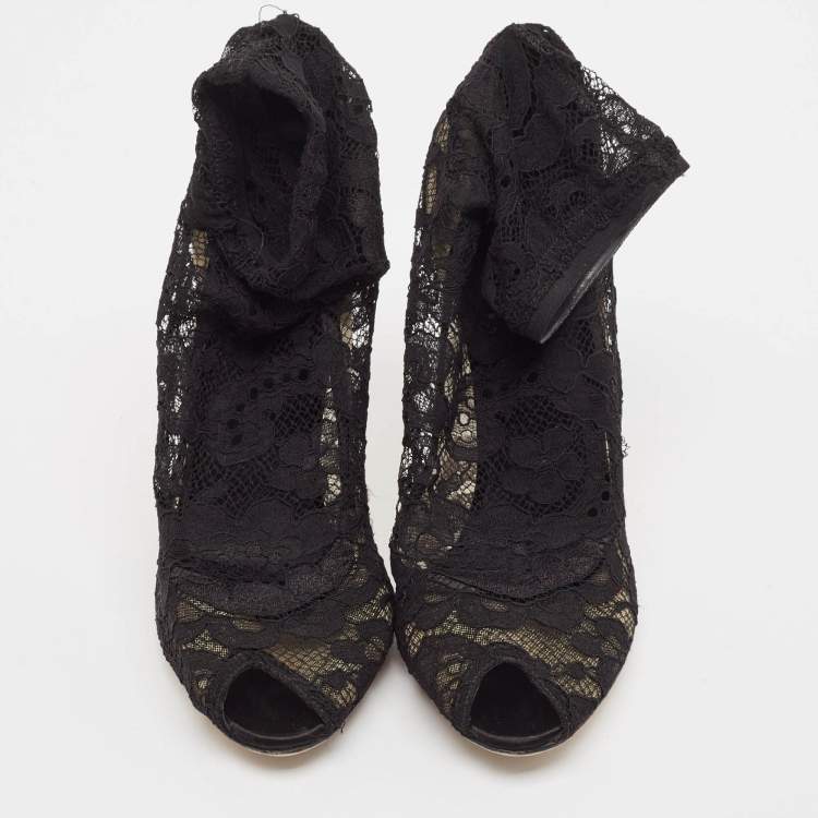 Pre Owned Dolce & Gabbana Black Stretch Lace Open Toe Ankle Booties Size 39.5