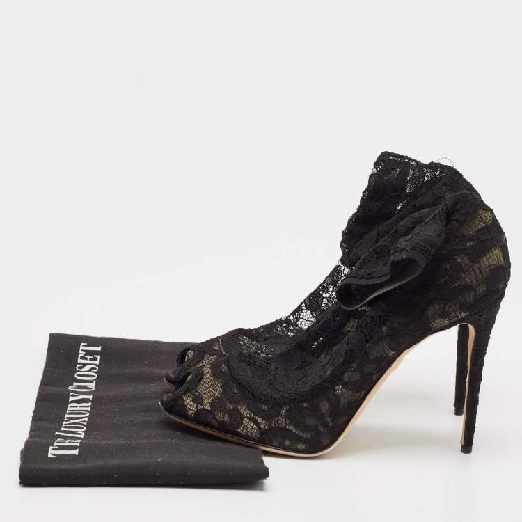 Pre Owned Dolce & Gabbana Black Stretch Lace Open Toe Ankle Booties Size 39.5