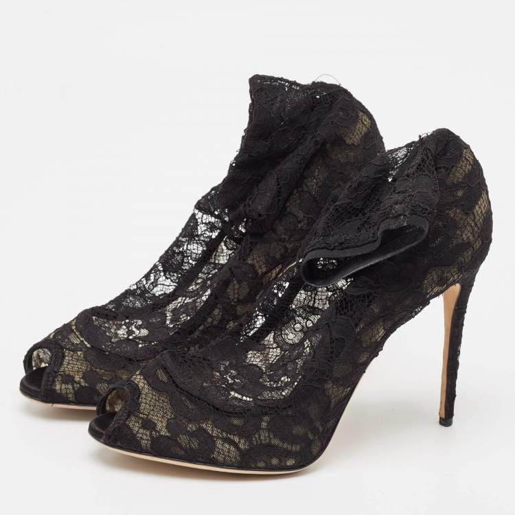 Pre Owned Dolce & Gabbana Black Stretch Lace Open Toe Ankle Booties Size 39.5