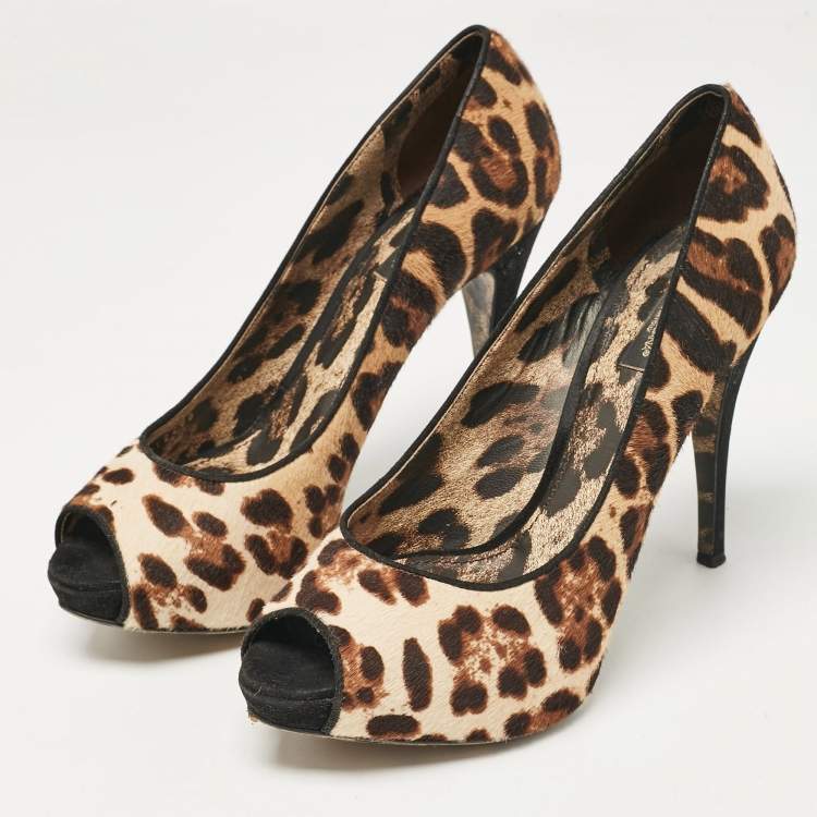 Pre Owned Dolce & Gabbana Brown Leopard Print Calf Hair Peep Toe Platform Pumps Size 40
