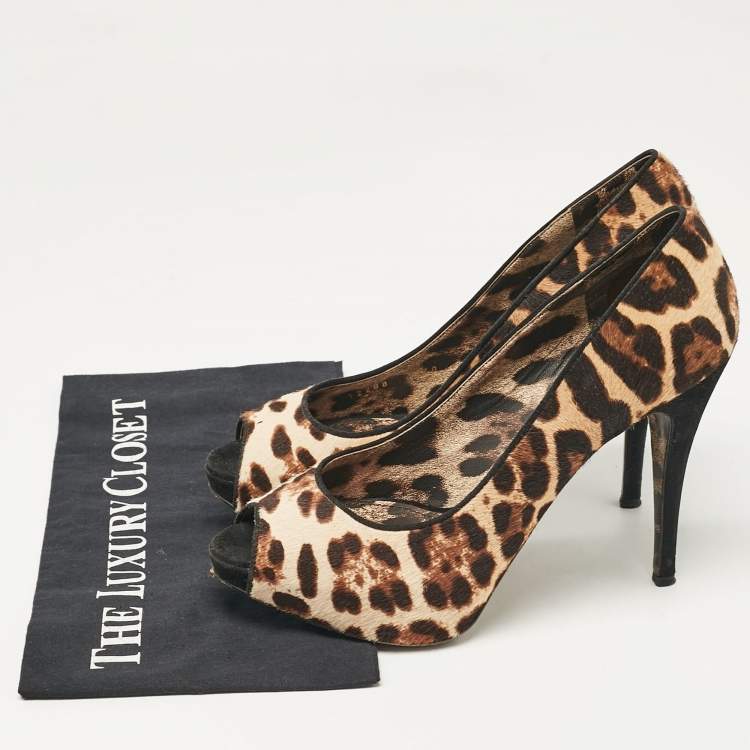 Pre Owned Dolce & Gabbana Brown Leopard Print Calf Hair Peep Toe Platform Pumps Size 40