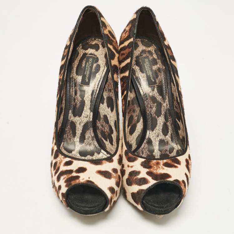 Pre Owned Dolce & Gabbana Brown Leopard Print Calf Hair Peep Toe Platform Pumps Size 40