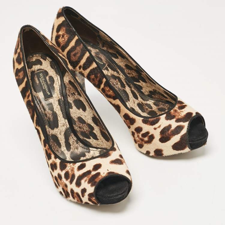 Pre Owned Dolce & Gabbana Brown Leopard Print Calf Hair Peep Toe Platform Pumps Size 40
