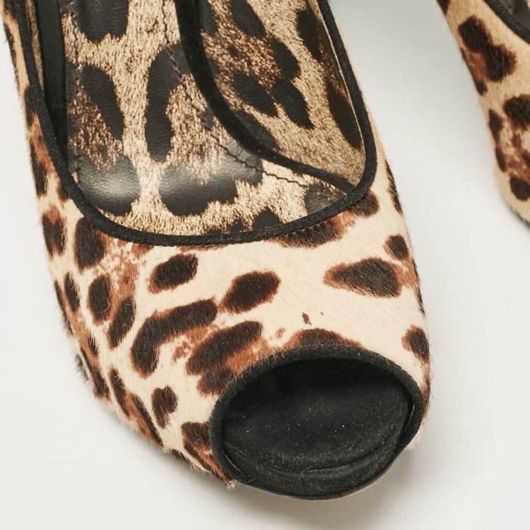 Pre Owned Dolce & Gabbana Brown Leopard Print Calf Hair Peep Toe Platform Pumps Size 40