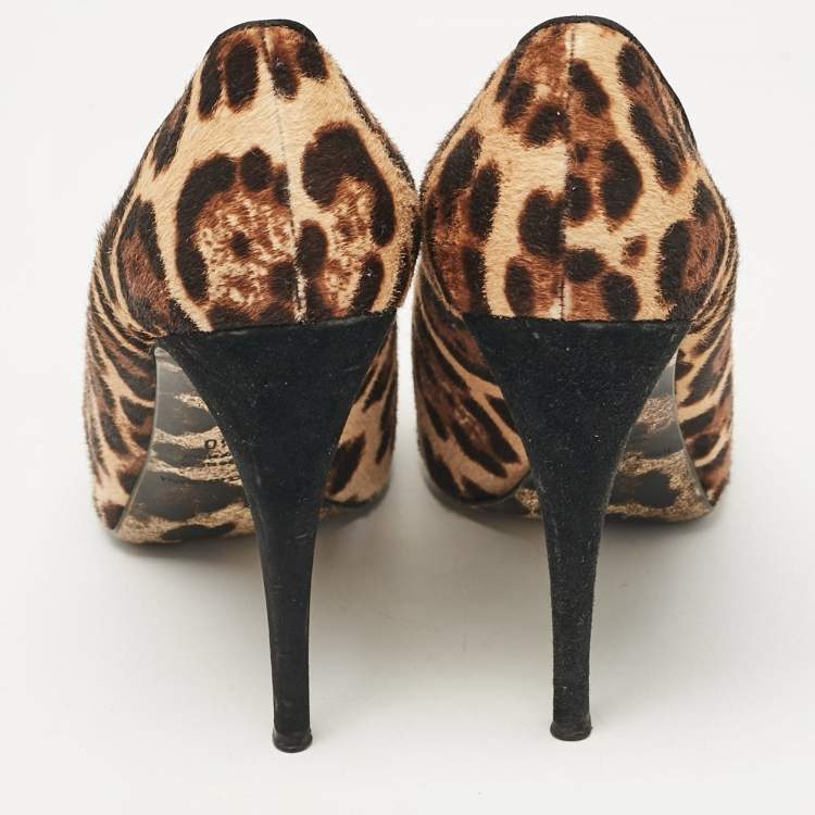 Pre Owned Dolce & Gabbana Brown Leopard Print Calf Hair Peep Toe Platform Pumps Size 40