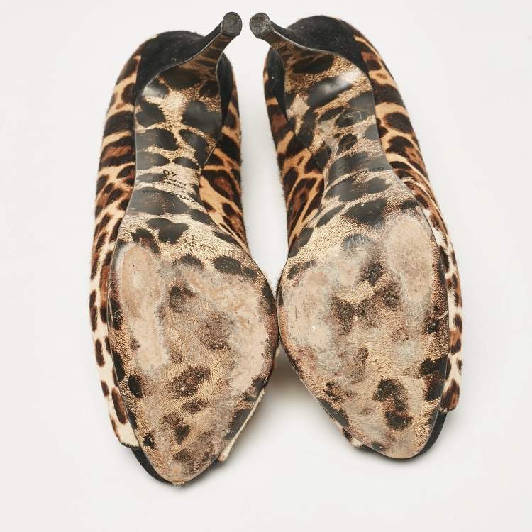 Pre Owned Dolce & Gabbana Brown Leopard Print Calf Hair Peep Toe Platform Pumps Size 40