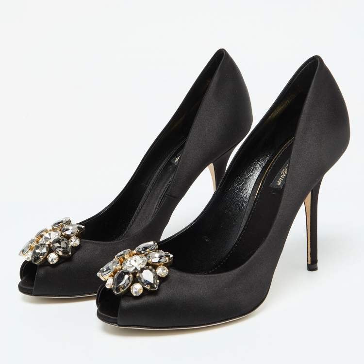 Pre Owned Dolce & Gabbana Black Satin Crystal Embellished Peep Toe Pumps Size 39.5