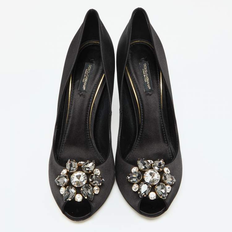 Pre Owned Dolce & Gabbana Black Satin Crystal Embellished Peep Toe Pumps Size 39.5