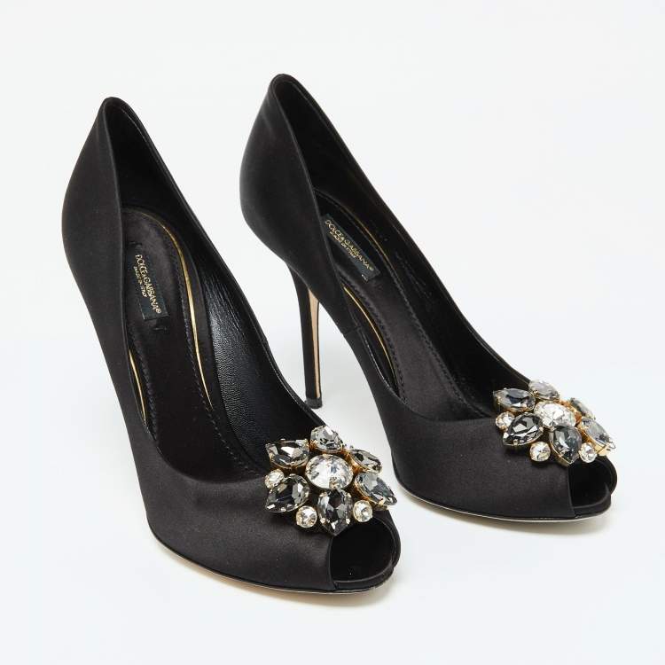 Pre Owned Dolce & Gabbana Black Satin Crystal Embellished Peep Toe Pumps Size 39.5