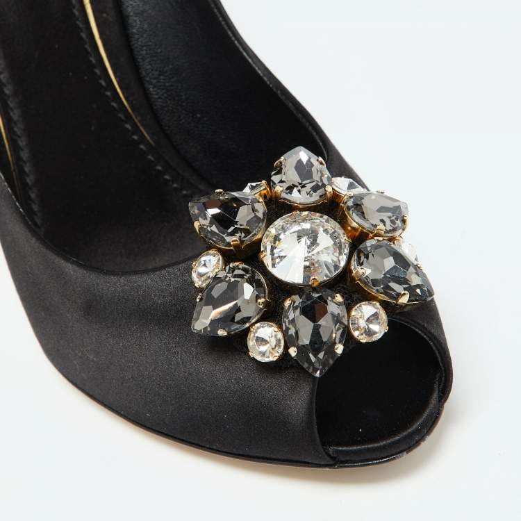 Pre Owned Dolce & Gabbana Black Satin Crystal Embellished Peep Toe Pumps Size 39.5