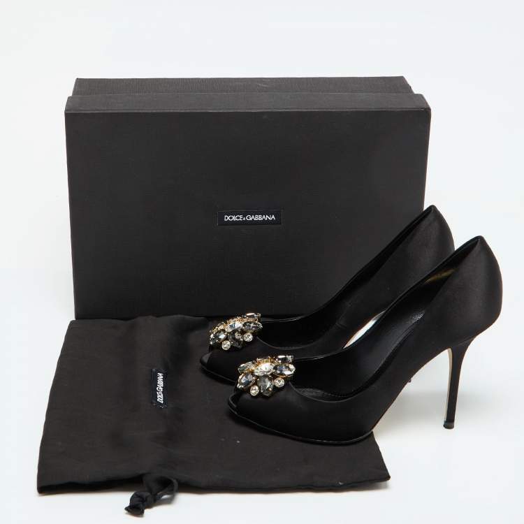 Pre Owned Dolce & Gabbana Black Satin Crystal Embellished Peep Toe Pumps Size 39.5