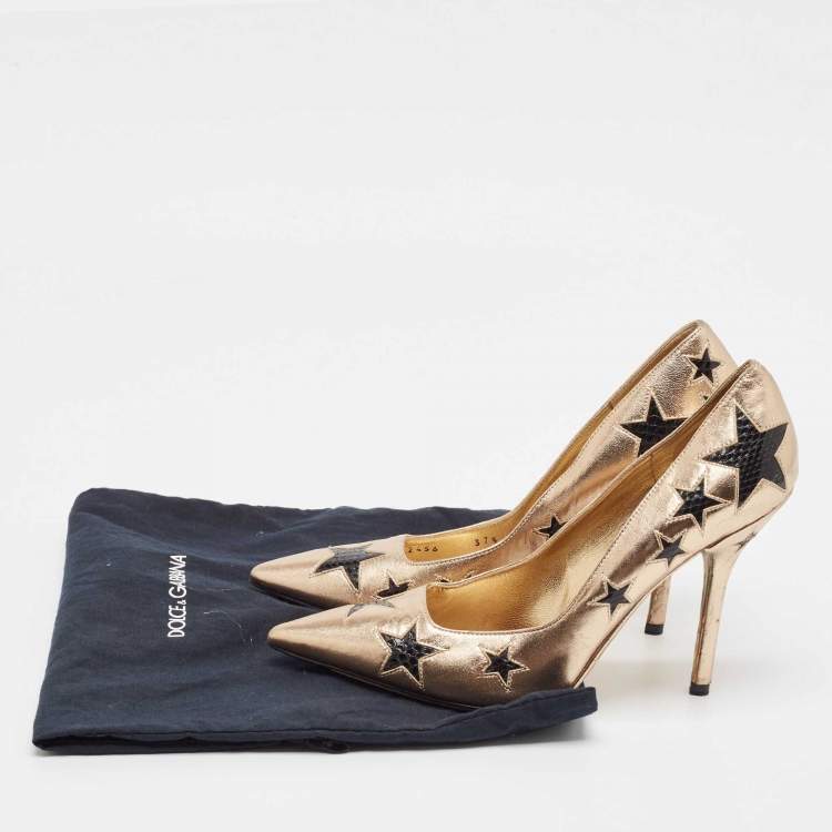 Pre Owned Dolce & Gabbana Metallic Leather and Snakeskin Leather Pointed Toe Pumps Size 37.5