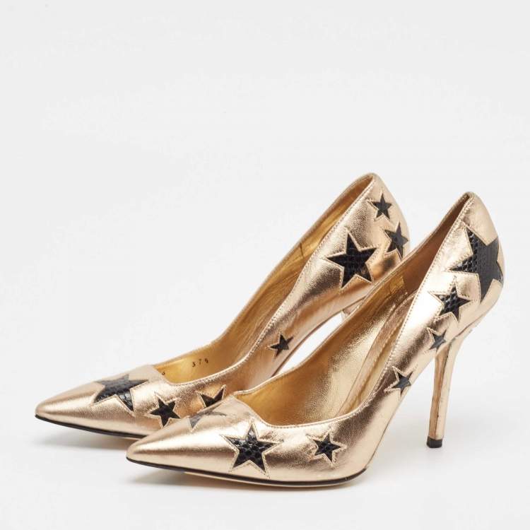 Pre Owned Dolce & Gabbana Metallic Leather and Snakeskin Leather Pointed Toe Pumps Size 37.5