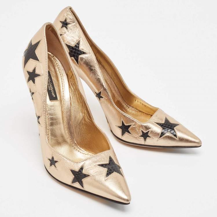 Pre Owned Dolce & Gabbana Metallic Leather and Snakeskin Leather Pointed Toe Pumps Size 37.5