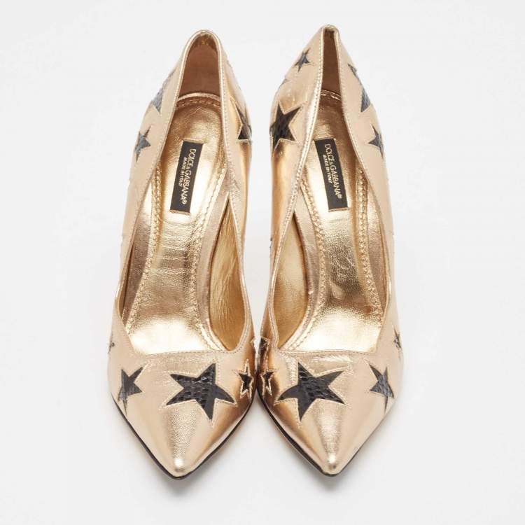 Pre Owned Dolce & Gabbana Metallic Leather and Snakeskin Leather Pointed Toe Pumps Size 37.5