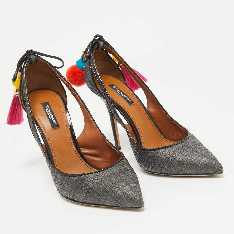 Pre Owned Dolce & Gabbana Grey Raffia and Snakeskin Cutout Pointed Toe Pumps Size 39