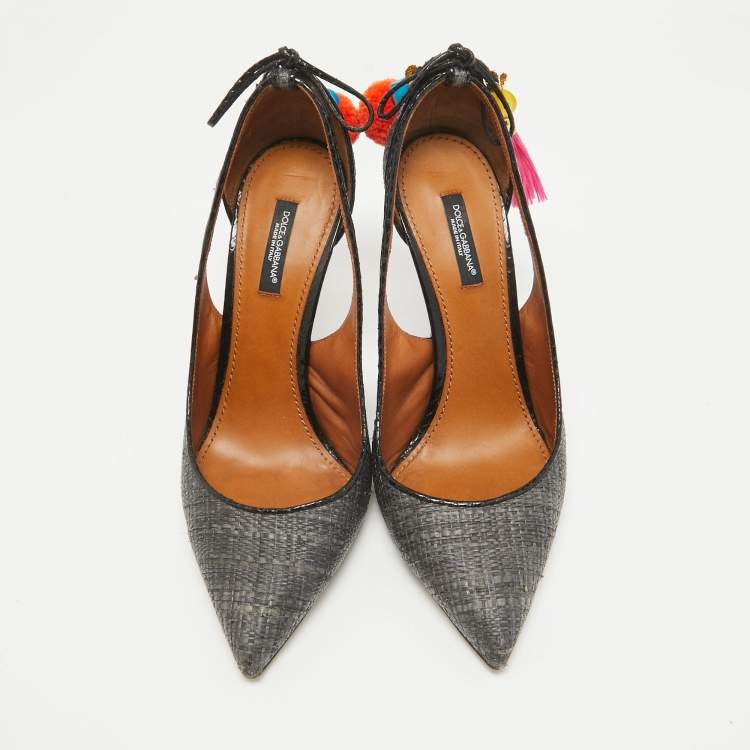 Pre Owned Dolce & Gabbana Grey Raffia and Snakeskin Cutout Pointed Toe Pumps Size 39