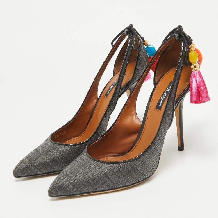 Pre Owned Dolce & Gabbana Grey Raffia and Snakeskin Cutout Pointed Toe Pumps Size 39