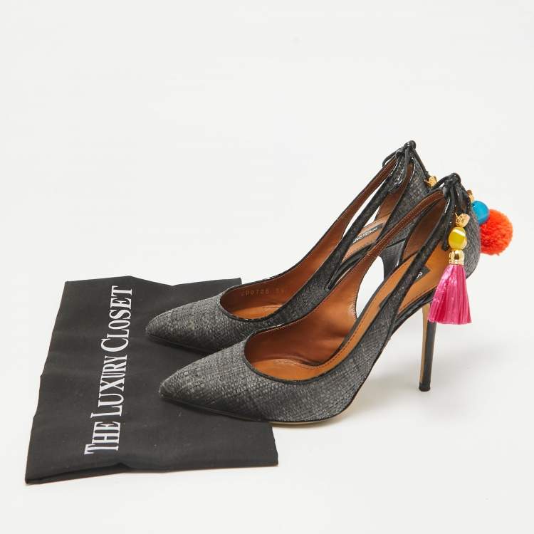 Pre Owned Dolce & Gabbana Grey Raffia and Snakeskin Cutout Pointed Toe Pumps Size 39