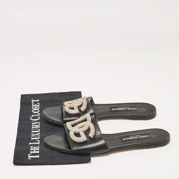 Pre Owned Dolce & Gabbana Black Leather DG Crystal Embellished Flat Slides Size 40