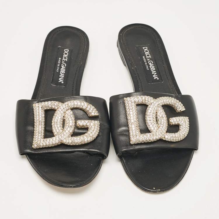 Pre Owned Dolce & Gabbana Black Leather DG Crystal Embellished Flat Slides Size 40