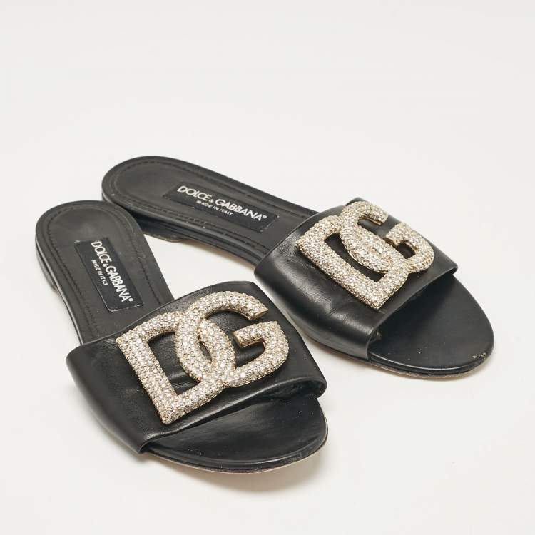 Pre Owned Dolce & Gabbana Black Leather DG Crystal Embellished Flat Slides Size 40