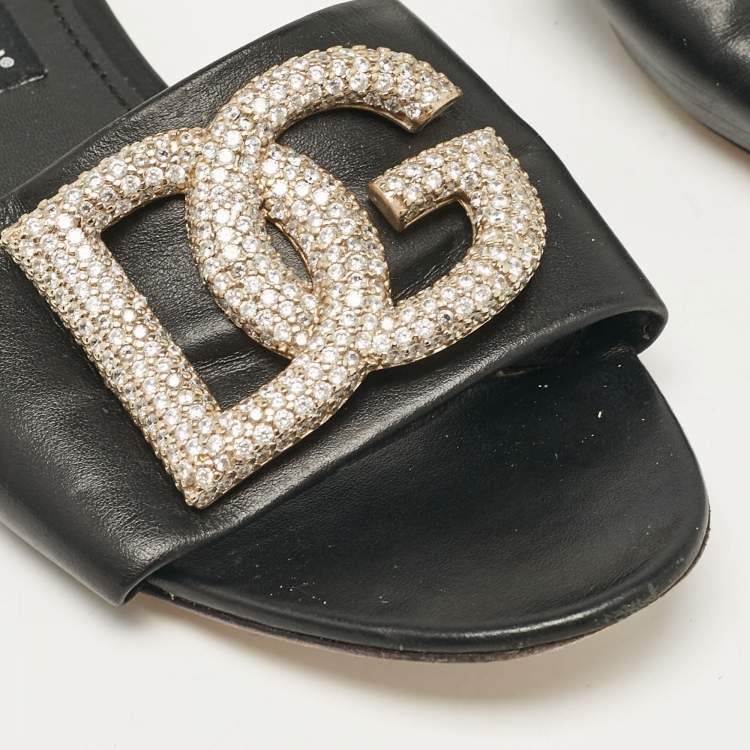 Pre Owned Dolce & Gabbana Black Leather DG Crystal Embellished Flat Slides Size 40
