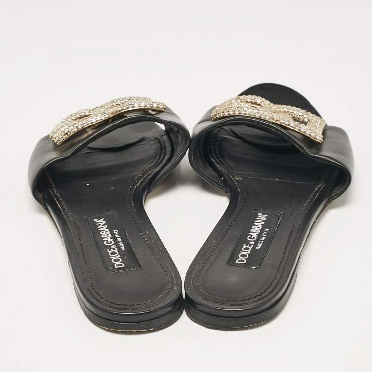Pre Owned Dolce & Gabbana Black Leather DG Crystal Embellished Flat Slides Size 40