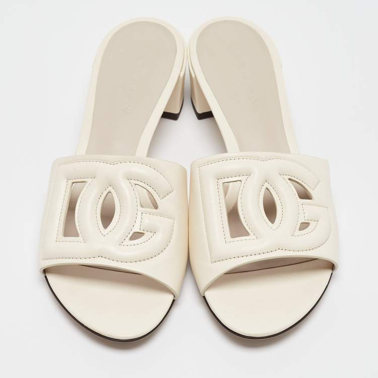 Pre Owned Dolce & Gabbana Off White Leather Cut Out DG Logo Slide Sandals Size 38.5