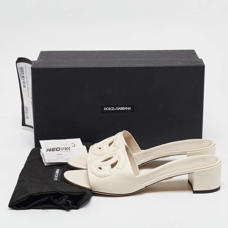 Pre Owned Dolce & Gabbana Off White Leather Cut Out DG Logo Slide Sandals Size 38.5