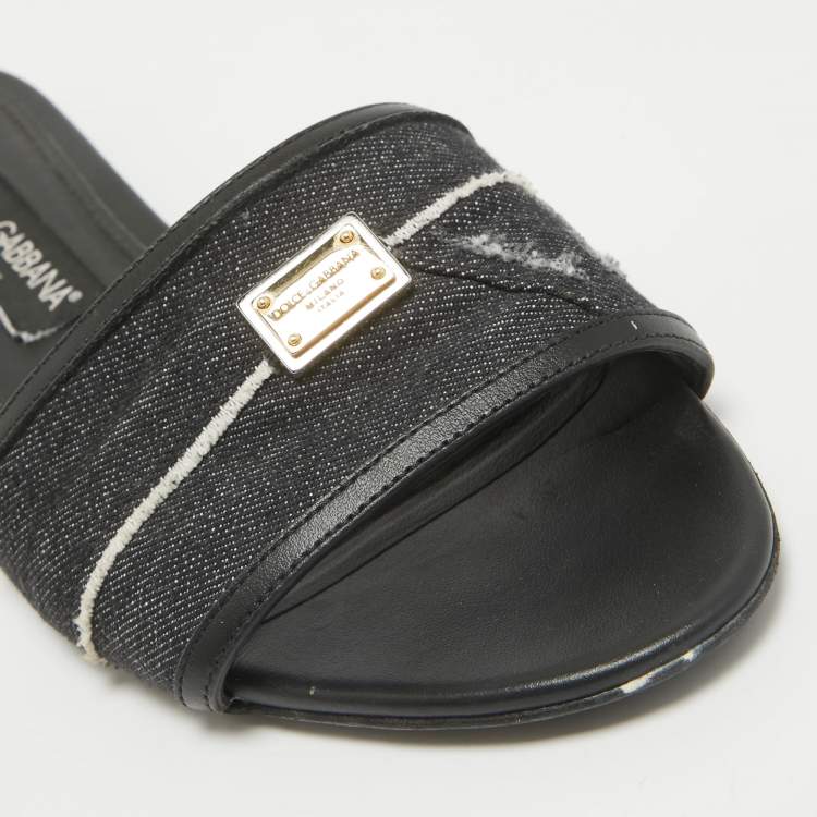 Pre Owned Dolce & Gabbana Black Denim Logo Slide Flats Size 38
