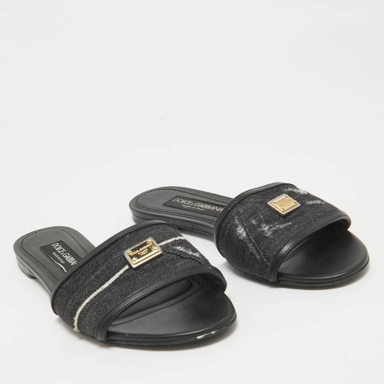 Pre Owned Dolce & Gabbana Black Denim Logo Slide Flats Size 38