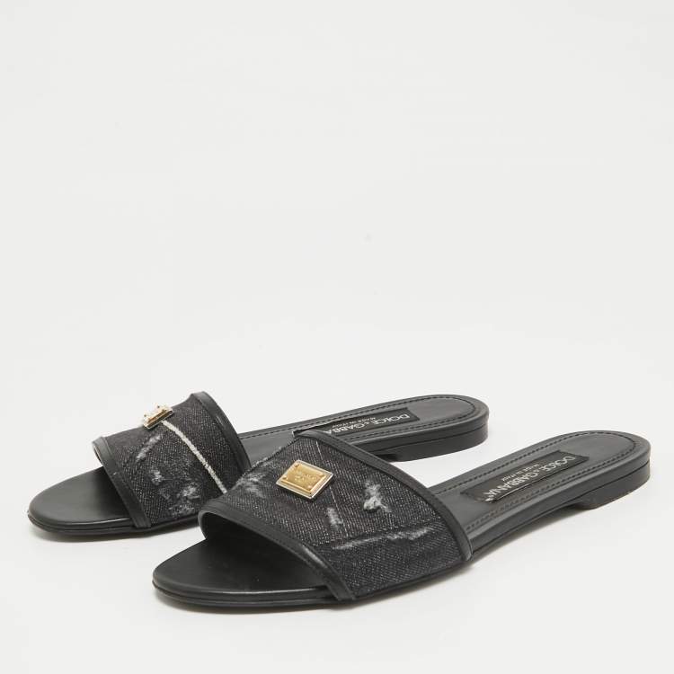 Pre Owned Dolce & Gabbana Black Denim Logo Slide Flats Size 38