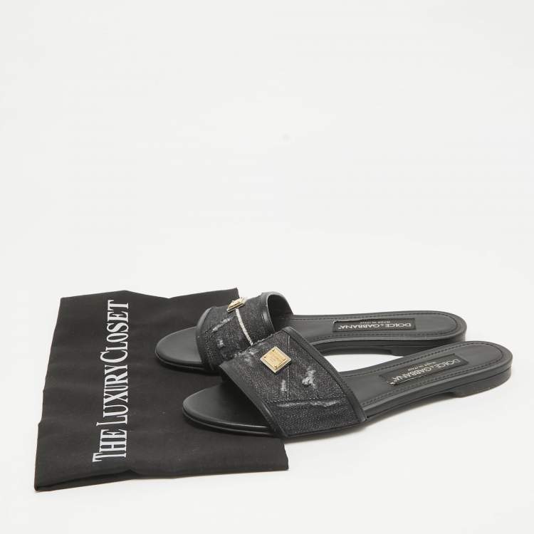 Pre Owned Dolce & Gabbana Black Denim Logo Slide Flats Size 38
