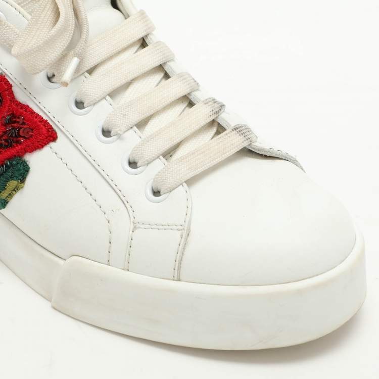Pre Owned Dolce & Gabbana White/Green Leather Portofino Embellished Low Top Sneakers Size 37.5