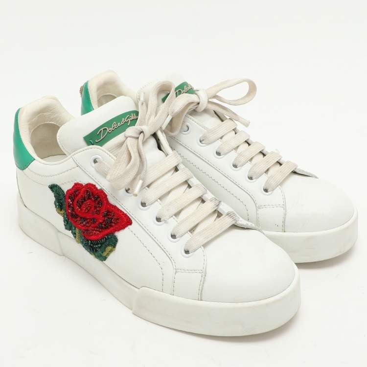 Pre Owned Dolce & Gabbana White/Green Leather Portofino Embellished Low Top Sneakers Size 37.5