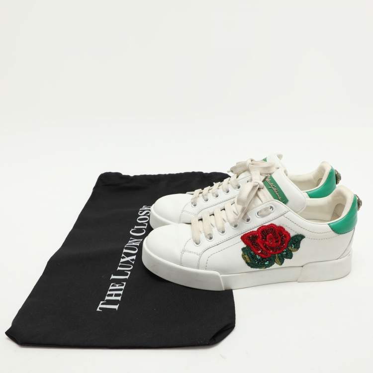 Pre Owned Dolce & Gabbana White/Green Leather Portofino Embellished Low Top Sneakers Size 37.5