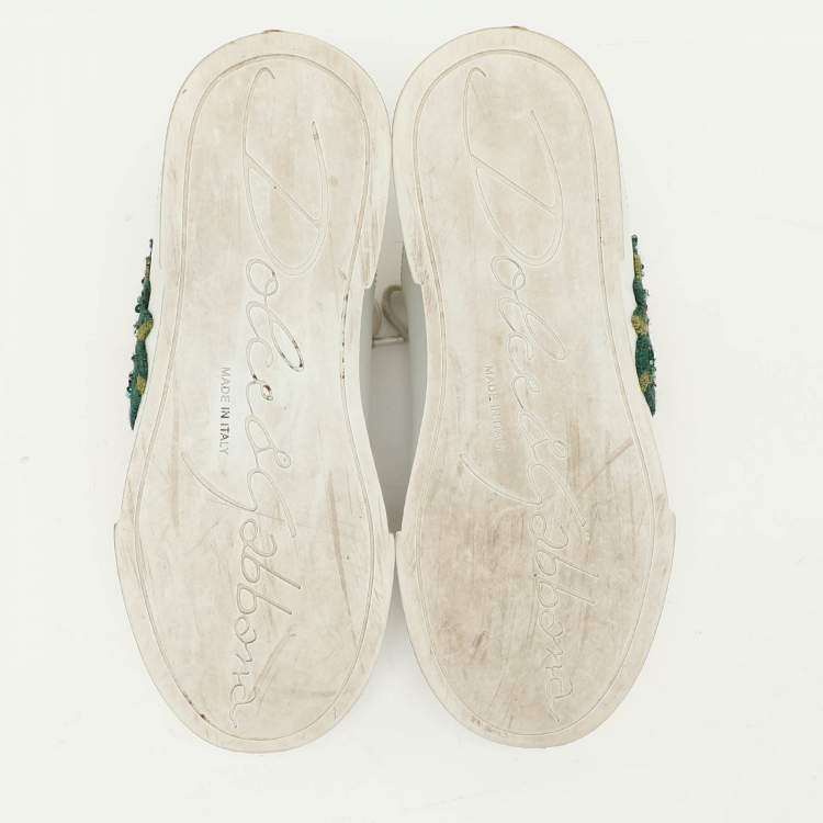 Pre Owned Dolce & Gabbana White/Green Leather Portofino Embellished Low Top Sneakers Size 37.5