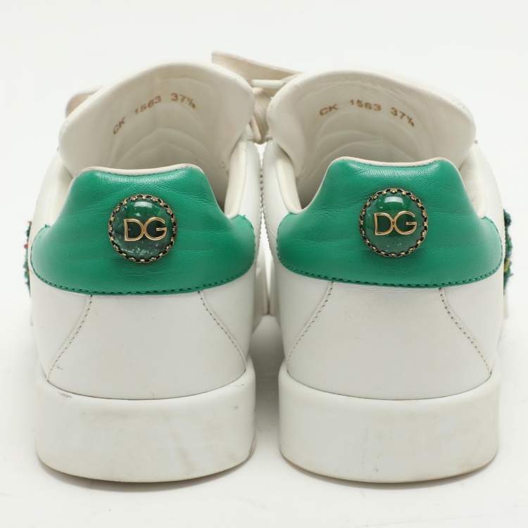 Pre Owned Dolce & Gabbana White/Green Leather Portofino Embellished Low Top Sneakers Size 37.5