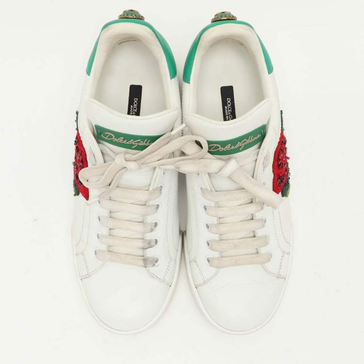 Pre Owned Dolce & Gabbana White/Green Leather Portofino Embellished Low Top Sneakers Size 37.5