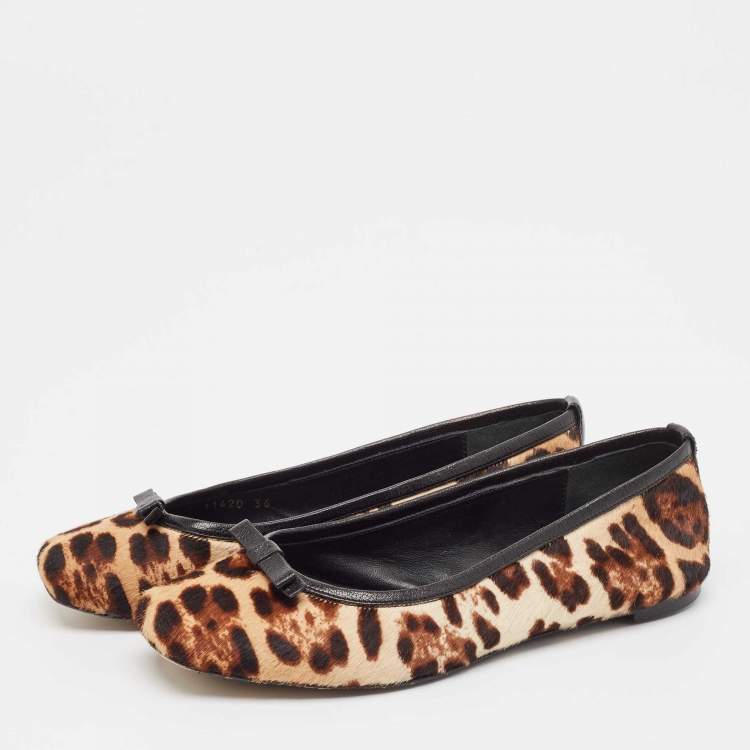 Pre Owned Dolce & Gabbana Brown/Beige Leopard Print Calf Hair Ballet Flats Size 36
