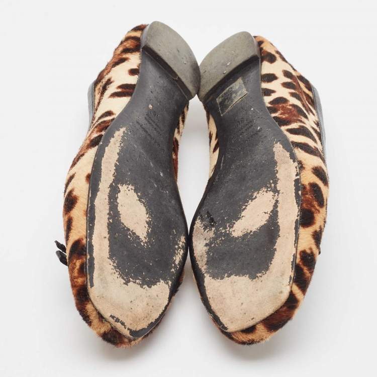 Pre Owned Dolce & Gabbana Brown/Beige Leopard Print Calf Hair Ballet Flats Size 36