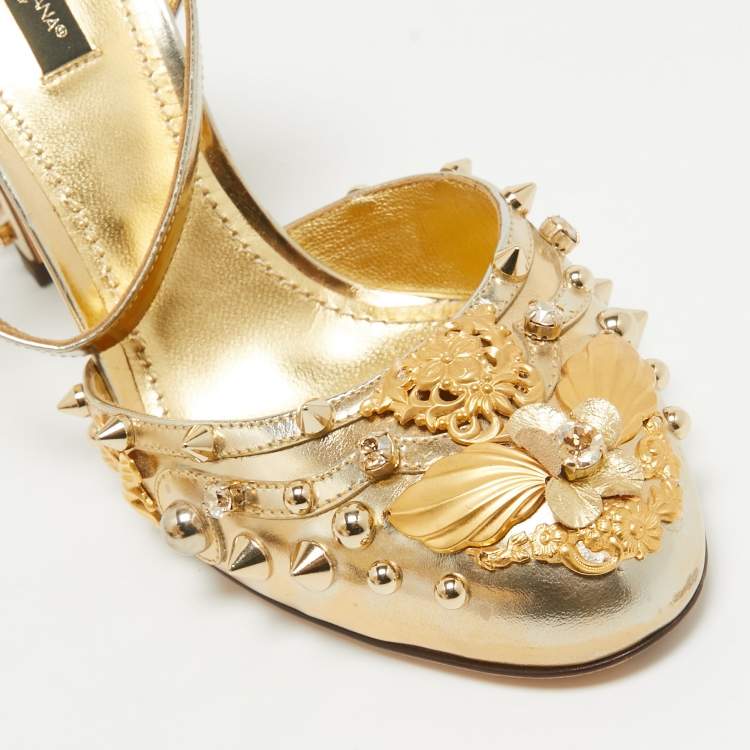 Pre Owned Dolce & Gabbana Gold Patent Leather Embellished Ankle Strap Pumps Size 38