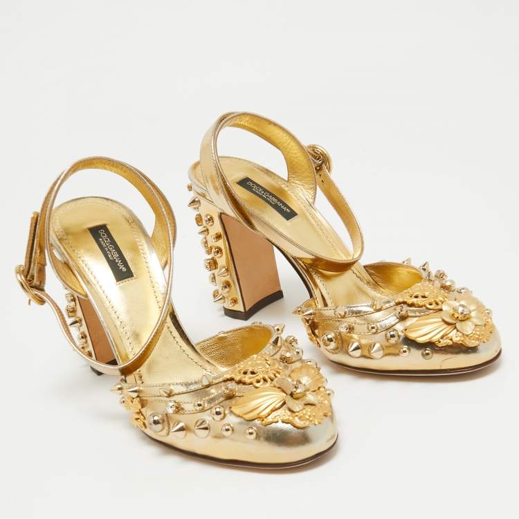 Pre Owned Dolce & Gabbana Gold Patent Leather Embellished Ankle Strap Pumps Size 38