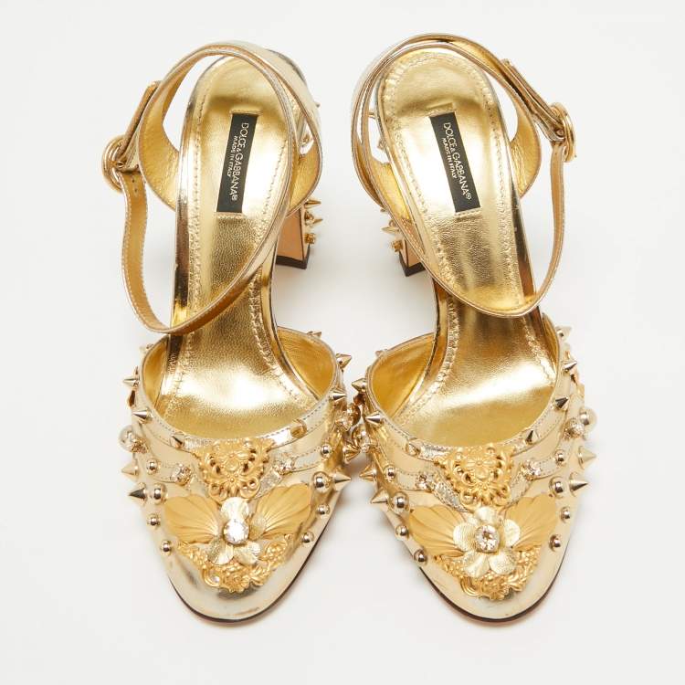 Pre Owned Dolce & Gabbana Gold Patent Leather Embellished Ankle Strap Pumps Size 38