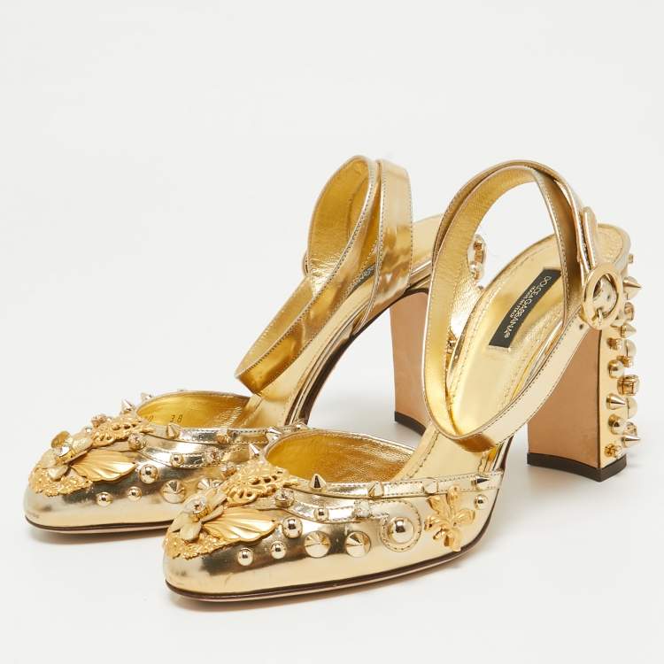 Pre Owned Dolce & Gabbana Gold Patent Leather Embellished Ankle Strap Pumps Size 38