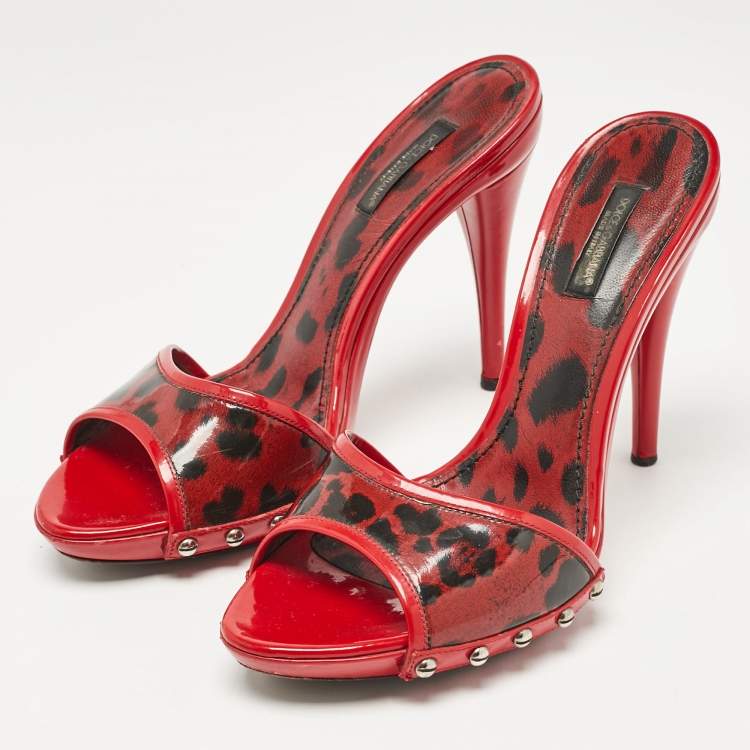 Pre Owned Dolce & Gabbana Red Patent Leather Leopard Print Slide Sandals Size 38