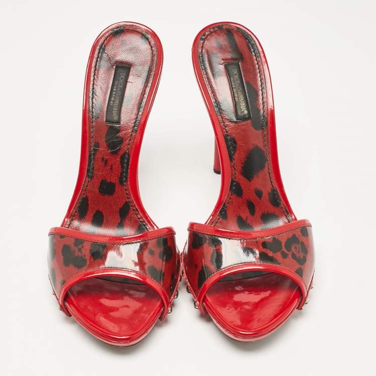 Pre Owned Dolce & Gabbana Red Patent Leather Leopard Print Slide Sandals Size 38